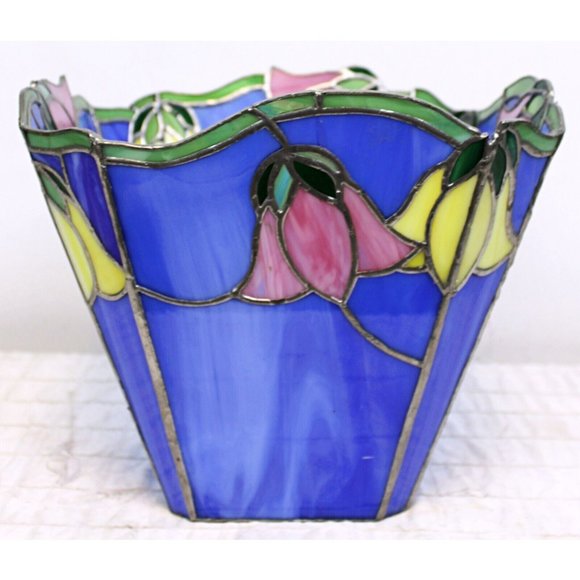 VTG Tiffany Style Stained Glass Tulips Flower Vase Waste Basket Multi Use Decor - Picture 4 of 11